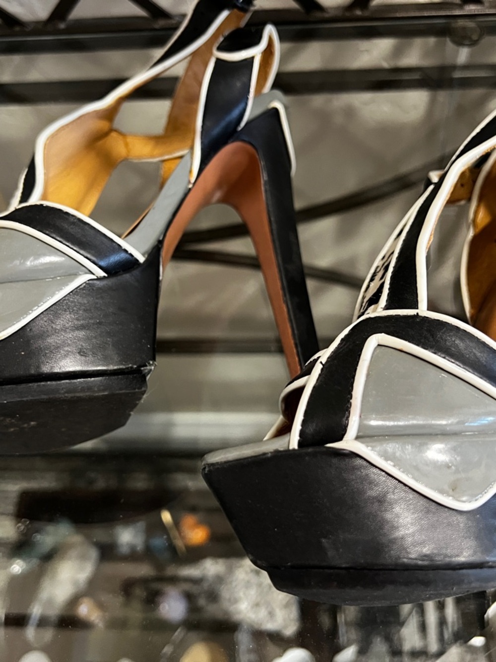 L.A.M.B. Black, White & Gray Houndstooth Platform Heels with Ankle Strap - Picture 4 of 6